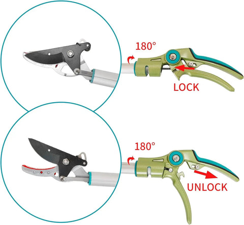 32 Inch Pole Pruner With Long Reach No Ladder Required For Safe Pruning One Hand Use Snip Grip Technology showing lock-unlock function