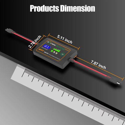 10A 12V MPPT Solar Charge Controller with LCD Display showing dimensions and ruler for scale
