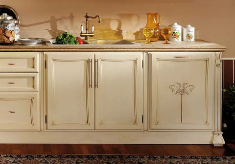 Kitchen cabinet with Six Pack 3 Inch Hole Center Antique Copper Zinc Alloy Cabinet Pulls for drawers and doors, beige finish.