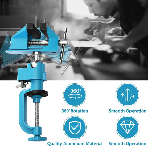 Heavy Duty Aluminum 3 Inch Tabletop Swivel Bench Vise Tilts And Rotates 360 Degrees For Secure Clamping in workshop setting