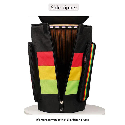 Road Warrior Djembe Drum Backpack With Waterproof Oxford Weave For 13 Inch African Percussion showing side zipper detail.