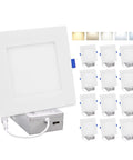 Square Ultra Thin Canless 4 Inch Recessed LED Downlights, 12 Pack, 750 Lumen, 5 CCT Switchable 2700K To 5000K, Dimmable with J Box
