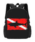 Vintage Shark Scuba Dive Flag Backpack For Unisex with red dive flag and silhouette of shark, lightweight polyester