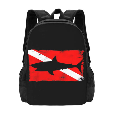 Vintage Shark Scuba Dive Flag Backpack For Unisex with red dive flag and silhouette of shark, lightweight polyester