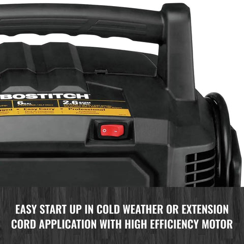 Bostitch 6 Gallon Pancake Air Compressor With Oil-Free Pump And High-Flow Delivery Up To 150 PSI And 2.6 SCFM For Nails, Staples And Finish Work In Garage Or Shop Easy Portability