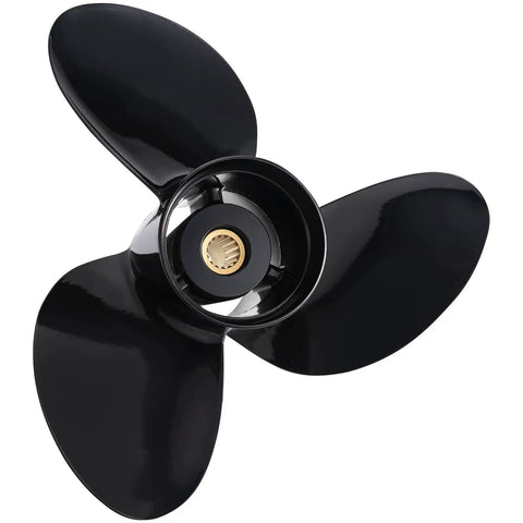Top view of Beefed-Up 16X18.5 Inch Aluminum Outboard Propeller For Suzuki DT DF 150-300HP, 3 Blade, 15 Spline, Right Hand Rotation, OEM Replacement 99105-00800-185, Direct Fit For Suzuki Engines showing its three blades and spline hub.