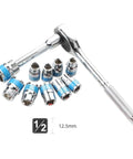 Real Deal 12 Piece Torque Wrench Set With 1/2 Inch Drive Metric Hex Sockets And Adjustable Spanner Kit features chrome sockets and ratchet.