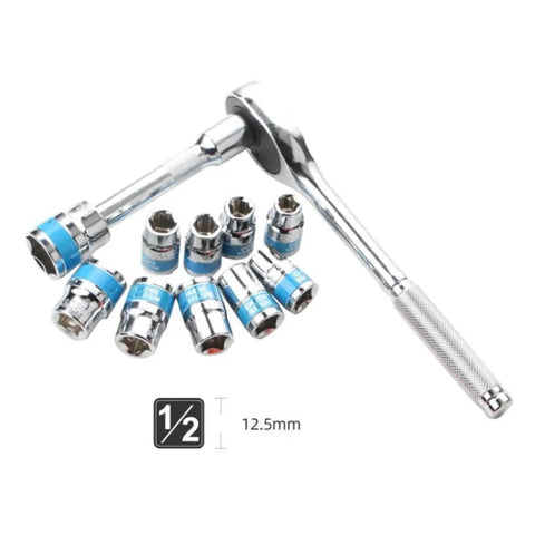 Real Deal 12 Piece Torque Wrench Set With 1/2 Inch Drive Metric Hex Sockets And Adjustable Spanner Kit features chrome sockets and ratchet.