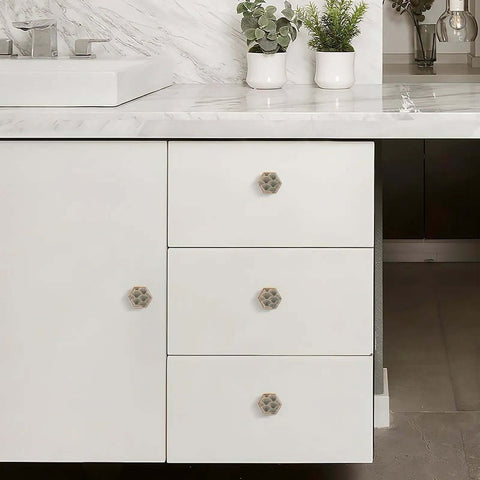 4 Pack Hexagonal Cabinet Knobs Set In Solid Brass With Brushed Gold Finish, Art Deco Fan Mosaic Pattern on white drawers