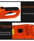 Heavy Duty Handheld Electric Pipe Threader Offering A Hella Grippy Handle And Rock Solid Aluminum Build For Zero Hassle Galvanized Iron Threading On Daily Home Repair Jobs close-up of handle with embossed grip and carbon brush cover for maintenance.