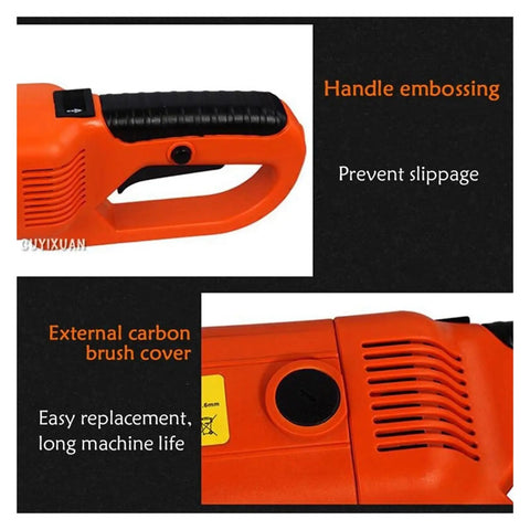 Heavy Duty Handheld Electric Pipe Threader Offering A Hella Grippy Handle And Rock Solid Aluminum Build For Zero Hassle Galvanized Iron Threading On Daily Home Repair Jobs close-up of handle with embossed grip and carbon brush cover for maintenance.