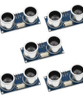 Five HC SR04 Ultrasonic Sensor Distance Modules for Arduino Mega Nano Robots, showing dual transceivers on a blue circuit board.