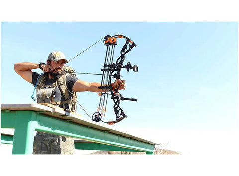 Archer aiming with black compound bow featuring XL Quiver Mounting Bracket for Crossbow and Archery Gear, Clearance Boost For Arrow Rest Clearance.