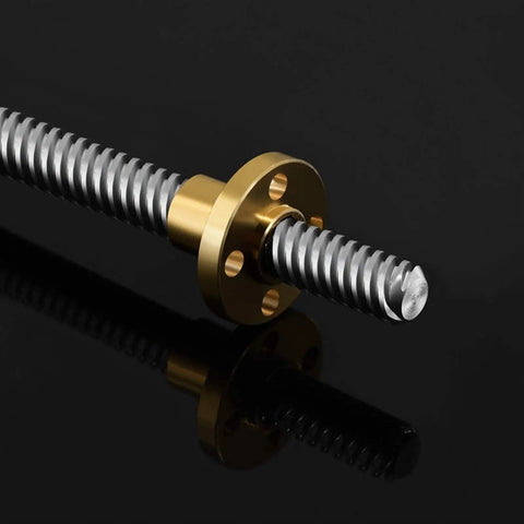 Close-up of 4 Pack T8 Leadscrews With Brass Nut And Stainless Steel Threaded Rod, 200mm Length, ideal for 3D printer Z axis upgrades.