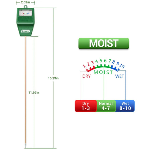 All In One Soil Moisture Meter For Plants With Long Probe Hygrometer Sensor For Indoor Outdoor Gardens showing size and moisture levels.