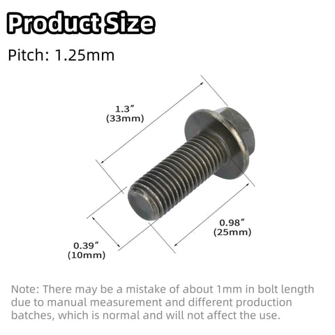Diagram of Heavy Duty M10 x 1.25mm Flanged Hex Bolt, 25mm Length, 10mm Thread, with size and pitch details for ATV UTV use.
