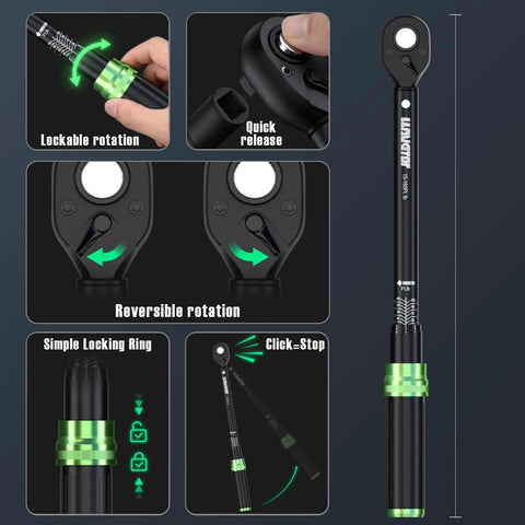 Heavy Duty Pro Grade Torque Wrench Set One Quarter Inch Three-Eighths Inch One Half Inch Drive 41-Piece Kit With Sockets And Extensions 72-Tooth Ratchet 3 Percent Accuracy CR-V Steel For Auto Bike Moto Repair And Industrial Use, black ratchet wrench