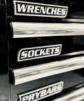Magnetic Toolbox Label Set With 12 Prelabeled Organizers Silver Edition on steel drawers labeled for wrenches, sockets, and prybars