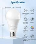 Product specifications for 4 Pack A19 Dimmable LED Light Bulbs 800 Lumens 5000K Daylight White, 9W To 60W Equivalent, E26 Base.