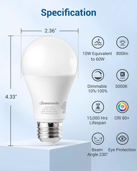 Product specifications for 4 Pack A19 Dimmable LED Light Bulbs 800 Lumens 5000K Daylight White, 9W To 60W Equivalent, E26 Base.