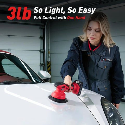 Person using Cordless Car Buffer Polisher Kit With 2x2000mAh 21V Batteries, 6 Inch Waxer Buffer on white car hood