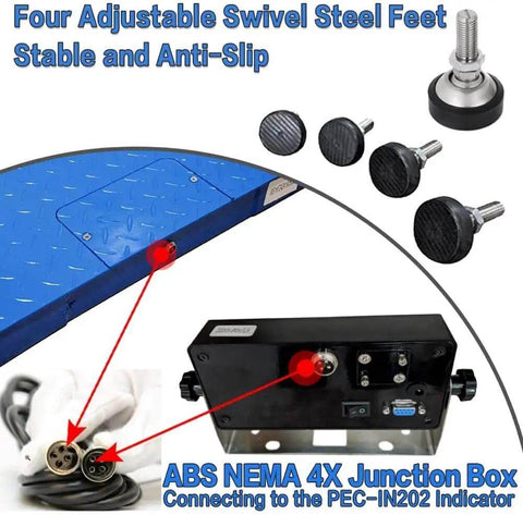 Beefy Industrial Floor Scale For Warehouses And Shipping, 36 By 36 Inch Steel Pallet Scale, showing feet and junction box