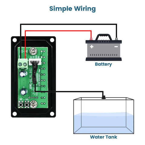 Diagram of RV Water Tank Level Monitor with LED Indicator connection to battery and water tank, showing simple wiring setup.