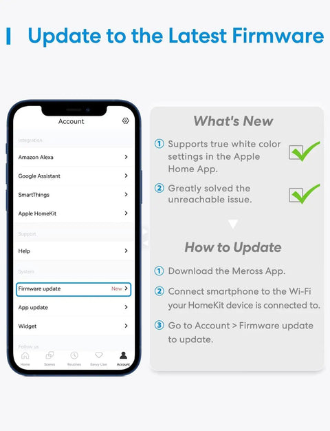 Smartphone displaying firmware update screen for Smart BR30 Flood WiFi LED Bulb RGBCW Multicolor Dimmable 1300 Lumen 100W Equivalent E26