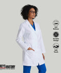 Lily White Lab Coat For Women With Natural Stretch 34 Inch 4 Pocket Scrub Coat Soil Release Fabric Finish Soft Touch Back Vent Feminine Fit