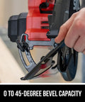 Pro Grade 20 Volt Brushless Circular Saw Kit With 6 1/2 Inch Carbide Blade And Fast Charger for adjusting bevel angle from 0 to 45 degrees.