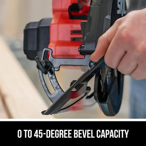 Pro Grade 20 Volt Brushless Circular Saw Kit With 6 1/2 Inch Carbide Blade And Fast Charger for adjusting bevel angle from 0 to 45 degrees.