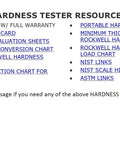 Hardness tester resources list including Rockwell hardness testing details and charge documents.