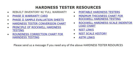 Hardness tester resources list including Rockwell hardness testing details and charge documents.