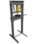 Heavy Duty 20 Ton H Frame Hydraulic Shop Press With Beefed Up Steel Base And Adjustable Platform For Bearing Pressing And U Joint Removal In Any Home Garage Or Weekend Warrior Mechanic Setup, showing steel structure.