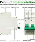 Front and side view of 20 Amp DC Solar Breaker Miniature Circuit Breaker Solar Disconnect Switch with labeled components