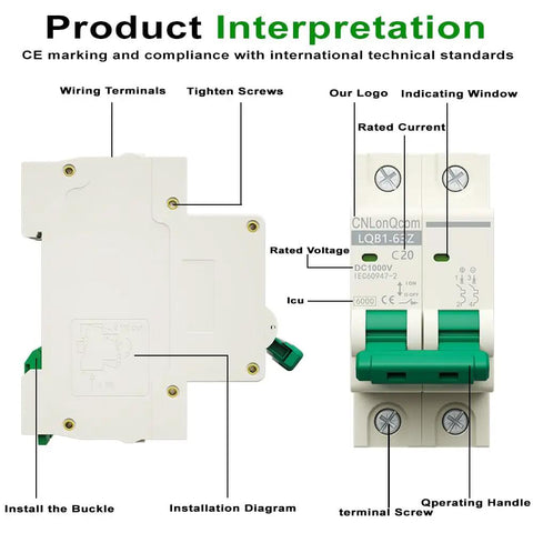 Front and side view of 20 Amp DC Solar Breaker Miniature Circuit Breaker Solar Disconnect Switch with labeled components