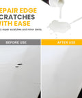 Premium White Touch Up Paint Pen For Vehicles Super Rapid Auto Scratch Remover shown covering scratch on car hood.