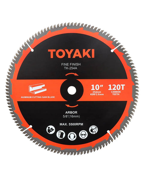 Front view of Toyaki 10-Inch 120-Tooth Ultra-Fine Finish Miter Saw Blade For Aluminum And Non-Ferrous Metals, 5/8" arbor
