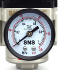 Close-up of gauge on Female Thread 3/8 NPT Air Pressure Regulator 0-150 PSI Adjustable With Bracket And Gauge Aluminum Alloy Body