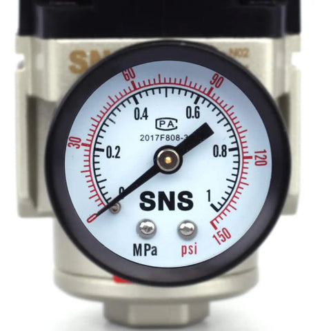 Close-up of gauge on Female Thread 3/8 NPT Air Pressure Regulator 0-150 PSI Adjustable With Bracket And Gauge Aluminum Alloy Body