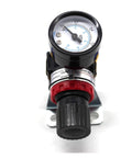No Sweat Quarter Inch Air Pressure Regulator Valve Featuring Crisp Dial Gauge For Airbrush Spray Painting And Pneumatic Gear Adjusts Flow Zero To Eight Point Five Bar Rock Solid, detailed view of dial gauge and adjustment knob.