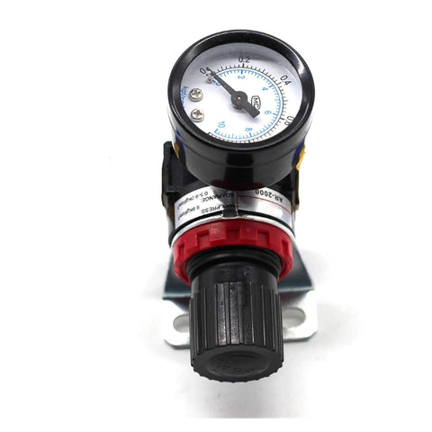 No Sweat Quarter Inch Air Pressure Regulator Valve Featuring Crisp Dial Gauge For Airbrush Spray Painting And Pneumatic Gear Adjusts Flow Zero To Eight Point Five Bar Rock Solid, detailed view of dial gauge and adjustment knob.