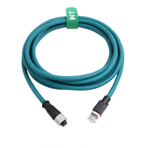 M12 A Coding 8 Pin Female To RJ45 Cat7e Patch Cable 2 Meter coiled for industrial use with waterproof and rugged connectors.