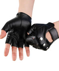 Mens Black Steampunk Fingerless Gloves Premium PU Leather Half Finger Biker Gear shown on hands, featuring a strap closure and studs.