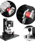 Close-up views of Badass Mini Milling Machine For Wood And Plastic, 12000Rpm Benchtop Lathe with precision parts and cutting tool.