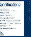 Specifications sheet for the Ultra Precise Digital Scale With 2000g Capacity And 0.01g Resolution For Lab Jewelry And Business Use
