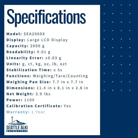 Specifications sheet for the Ultra Precise Digital Scale With 2000g Capacity And 0.01g Resolution For Lab Jewelry And Business Use