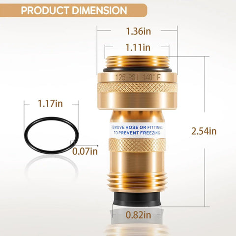 Vacuum Breaker Replacement For Outdoor Faucets And Hydrants, Brass Anti-Siphon Backflow Preventer, Model 50HA-BR, product dimensions.