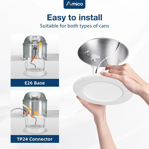 24 Pack 5 To 6 Inch Recessed Lighting LED Can Lights Adjustable 5Cct installation guide showing E26 base and TP24 connector.