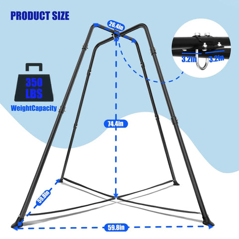 All-In-One Swing Stand With Nest Swing Chair And Detachable Play Tent, X-shaped heavy-duty frame dimensions and weight capacity.